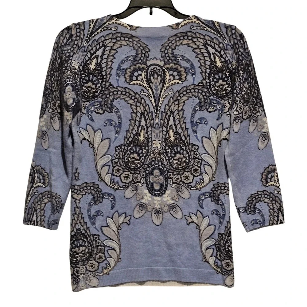 Talbots Pure Cashmere Paisley Print‎ 3/4 Sleeve Sweater XS Blue Gray
